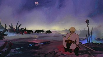 Movie still from “Fire and Ice” (1983), directed by Ralph Bakshi – A painting of a man kneeling down in front of bears; Wide shot, Low angle