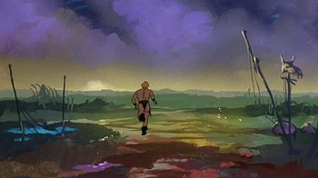 Movie still from “Fire and Ice” (1983), directed by Ralph Bakshi – A painting of a man running in a field; Wide shot, Low angle