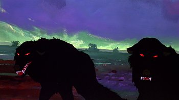 Movie still from “Fire and Ice” (1983), directed by Ralph Bakshi – A painting of two bears standing in the grass; Wide shot, Low angle