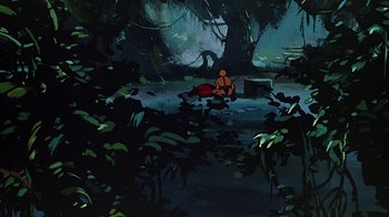Movie still from “Fire and Ice” (1983), directed by Ralph Bakshi – A painting of a monk sitting in the woods; Extreme Wide shot, High angle