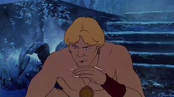 Movie still from “Fire and Ice” (1983), directed by Ralph Bakshi – A man sitting in front of some steps in a forest; Medium shot, Over the shoulder angle