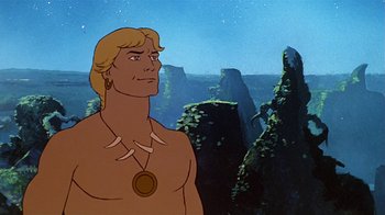 Movie still from “Fire and Ice” (1983), directed by Ralph Bakshi – A man standing in front of some mountains; Medium shot, Low angle
