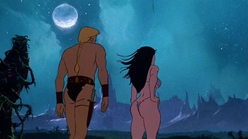 Movie still from “Fire and Ice” (1983), directed by Ralph Bakshi – A man and a woman standing next to each other in front of the moon; Medium shot, Low angle
