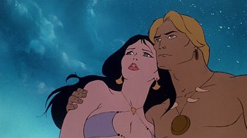 Movie still from “Fire and Ice” (1983), directed by Ralph Bakshi – A couple of people that are standing up together; Close Up shot, Low angle