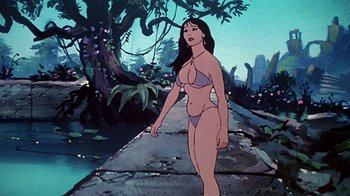 Movie still from “Fire and Ice” (1983), directed by Ralph Bakshi – A woman in a bikini standing in front of a forest; Wide shot, Low angle