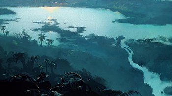 Movie still from “Fire and Ice” (1983), directed by Ralph Bakshi – An aerial view of a body of water with palm trees; Extreme Wide shot, Low angle