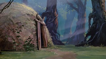 Movie still from “Fire and Ice” (1983), directed by Ralph Bakshi – A painting of a forest with a wooden gate; Wide shot, Low angle