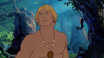 Movie still from “Fire and Ice” (1983), directed by Ralph Bakshi – A man with a beard is standing in front of a forest; Close Up shot, Low angle
