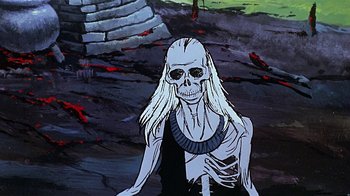 Movie still from “Fire and Ice” (1983), directed by Ralph Bakshi – A painting of a skeleton in a black dress; Medium shot, Low angle