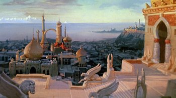 Movie still from “Fire and Ice” (1983), directed by Ralph Bakshi – An oil painting of a city with a view of the ocean; Extreme Wide shot, High angle