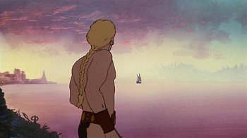 Movie still from “Fire and Ice” (1983), directed by Ralph Bakshi – A man standing in front of a body of water; Wide shot, Over the shoulder angle