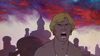 Movie still from “Fire and Ice” (1983), directed by Ralph Bakshi – An animated scene of a young man with his mouth wide open; Close Up shot, Low angle