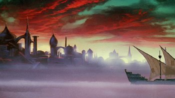 Movie still from “Fire and Ice” (1983), directed by Ralph Bakshi – A painting of a city in the middle of the night; Extreme Wide shot, Low angle
