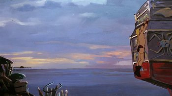 Movie still from “Fire and Ice” (1983), directed by Ralph Bakshi – A painting of the ocean and a lighthouse at sunset; Extreme Wide shot, Low angle