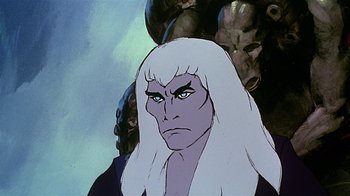 Movie still from “Fire and Ice” (1983), directed by Ralph Bakshi – An animated picture of a man with long white hair; Close Up shot, Low angle