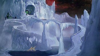 Movie still from “Fire and Ice” (1983), directed by Ralph Bakshi – A painting of an icy mountain with a bridge going over it; Extreme Wide shot, High angle