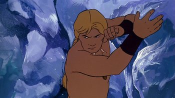 Movie still from “Fire and Ice” (1983), directed by Ralph Bakshi – A cartoon image of a woman with a muscular body; Medium shot, Low angle