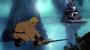 Movie still from “Fire and Ice” (1983), directed by Ralph Bakshi – A cartoon of a man with a bow and arrow in a cave; Wide shot, High angle