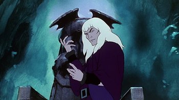 Movie still from “Fire and Ice” (1983), directed by Ralph Bakshi – A man with a long white hair is holding a black bat; Medium shot, Low angle