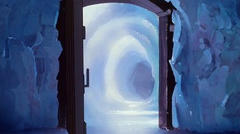 Movie still from “Fire and Ice” (1983), directed by Ralph Bakshi – An image of an entrance to an ice cave; Wide shot, Low angle