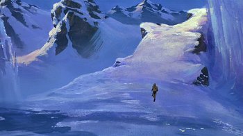 Movie still from “Fire and Ice” (1983), directed by Ralph Bakshi – A person is walking on a snowy mountain; Extreme Wide shot, Low angle