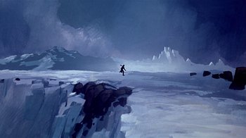 Movie still from “Fire and Ice” (1983), directed by Ralph Bakshi – A painting of a person skiing on a snowy mountain; Extreme Wide shot, Low angle