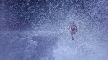 Movie still from “Fire and Ice” (1983), directed by Ralph Bakshi – A man walking in the snow with a helmet on his head; Extreme Wide shot, Overhead angle