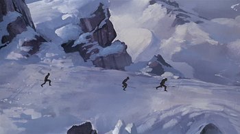 Movie still from “Fire and Ice” (1983), directed by Ralph Bakshi – Two skiers are skiing on a snowy mountain; Extreme Wide shot, Low angle