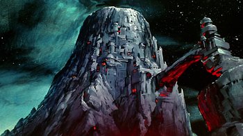 Movie still from “Fire and Ice” (1983), directed by Ralph Bakshi – A painting of a castle on top of a mountain; Extreme Wide shot, Low angle