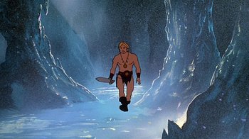 Movie still from “Fire and Ice” (1983), directed by Ralph Bakshi – A cartoon of a man with a sword in his hand; Wide shot, High angle