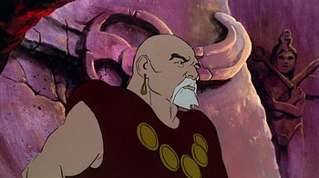 Movie still from “Fire and Ice” (1983), directed by Ralph Bakshi – An animated picture of a man with a beard; Medium shot, Low angle
