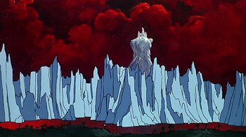 Movie still from “Fire and Ice” (1983), directed by Ralph Bakshi – A painting of an erupting volcano in the middle of a field; Extreme Wide shot, Low angle