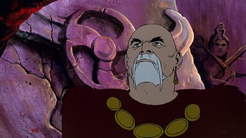 Movie still from “Fire and Ice” (1983), directed by Ralph Bakshi – An image of an animated character with a big beard; Close Up shot, Low angle