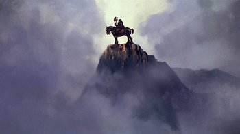 Movie still from “Fire and Ice” (1983), directed by Ralph Bakshi – A painting of a person on top of a horse on top of a mountain; Extreme Wide shot, Low angle