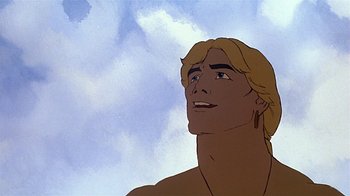 Movie still from “Fire and Ice” (1983), directed by Ralph Bakshi – A cartoon of a man looking up into the sky; Close Up shot, Low angle