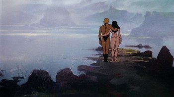 Movie still from “Fire and Ice” (1983), directed by Ralph Bakshi – A man and a woman walking on a beach; Wide shot, Low angle