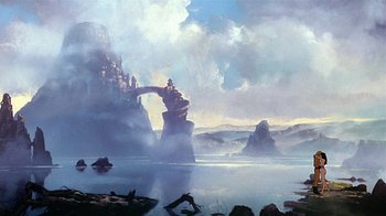 Movie still from “Fire and Ice” (1983), directed by Ralph Bakshi – An oil painting of a lake with mountains in the background; Extreme Wide shot, Low angle