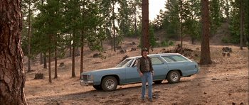 Movie still from “Fire in the Sky” (1993), directed by Robert Lieberman – A man standing in front of a car in the woods; Wide shot, Low angle