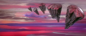 Movie still from “Flash Gordon” (1980), directed by Mike Hodges – An airplane flying in the sky near a bunch of mountains; Extreme Wide shot, High angle