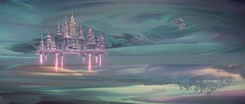 Movie still from “Flash Gordon” (1980), directed by Mike Hodges – A painting of a city in the middle of the night; Extreme Wide shot, Low angle