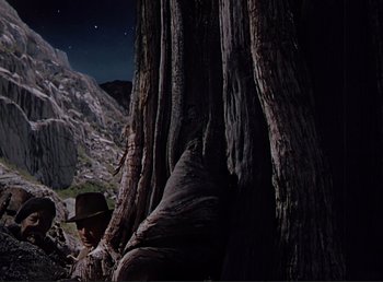 Movie still from “For Whom the Bell Tolls” (1943), directed by Sam Wood – A man standing next to a tree in the dark; Wide shot, Low angle