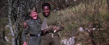Movie still from “Force 10 from Navarone” (1978), directed by Guy Hamilton – A man and a woman in military uniforms holding a branch; Medium shot, Low angle