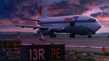 Movie still from “Forces of Nature” (1999), directed by Bronwen Hughes – An airplane on a runway with a bird on the top of it; Extreme Wide shot, High angle