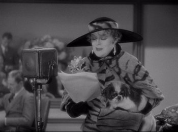 Movie still from “Four Frightened People” (1934), directed by Cecil B. DeMille – An old photo of a woman holding a cat; Medium shot, Over the shoulder angle