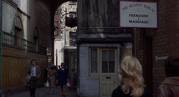 Movie still from “Frenzy” (1972), directed by Alfred Hitchcock – A group of people walking down a street; Wide shot, High angle