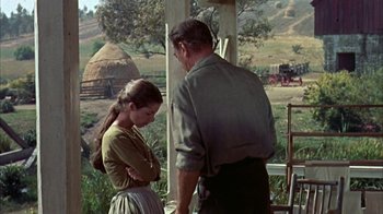 Movie still from “Friendly Persuasion” (1956), directed by William Wyler – A man and a woman standing next to each other on a porch; Medium shot, Over the shoulder angle