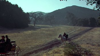 Movie still from “Friendly Persuasion” (1956), directed by William Wyler – A person riding a horse drawn carriage on a dirt road; Extreme Wide shot, High angle