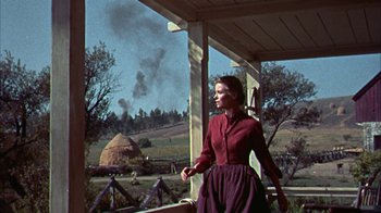 Movie still from “Friendly Persuasion” (1956), directed by William Wyler – A woman standing on the porch of a house; Wide shot, Low angle