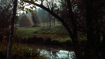 Movie still from “Friendly Persuasion” (1956), directed by William Wyler – A pond in the middle of a green field; Extreme Wide shot, High angle