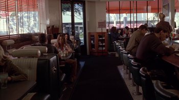 Movie still from “Friends with Money” (2006), directed by Nicole Holofcener – People are sitting at a restaurant with drinks in front of them; Wide shot, High angle